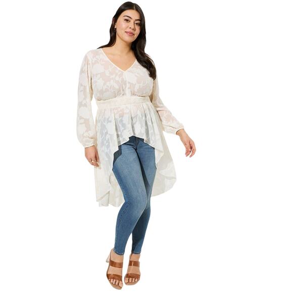 Torrid Cream Chiffon Clip Floral Hi-Low Long Sleeve Semi Sheer Top Size 1X NWT - Picture 1 of 11